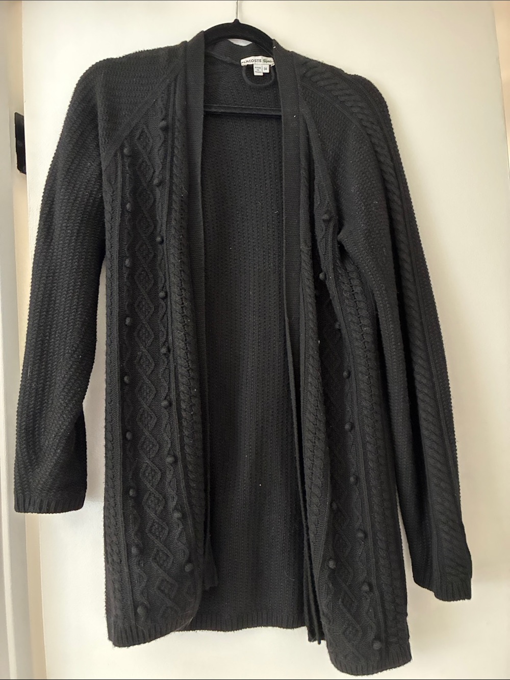 Lacoste Black blue Cable-Pattern Open Cardigan knitted wool